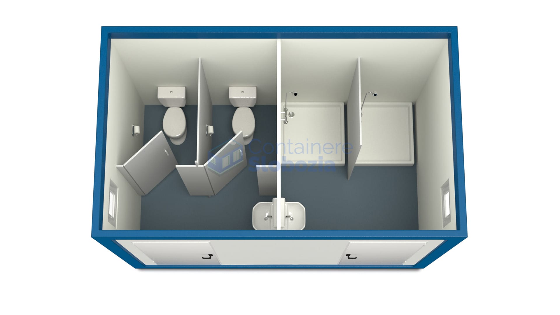 container sanitar slobozia 4metri 2dusuri 2wc albastru